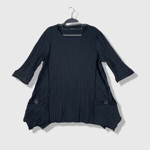 Focus Ribbed Tunic Top Womens Medium Black Lagenlook Minimalist 3/4 Sleeve